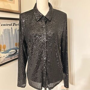 Nanette Lepore New Black Sequin Button Down Shirt SZ L